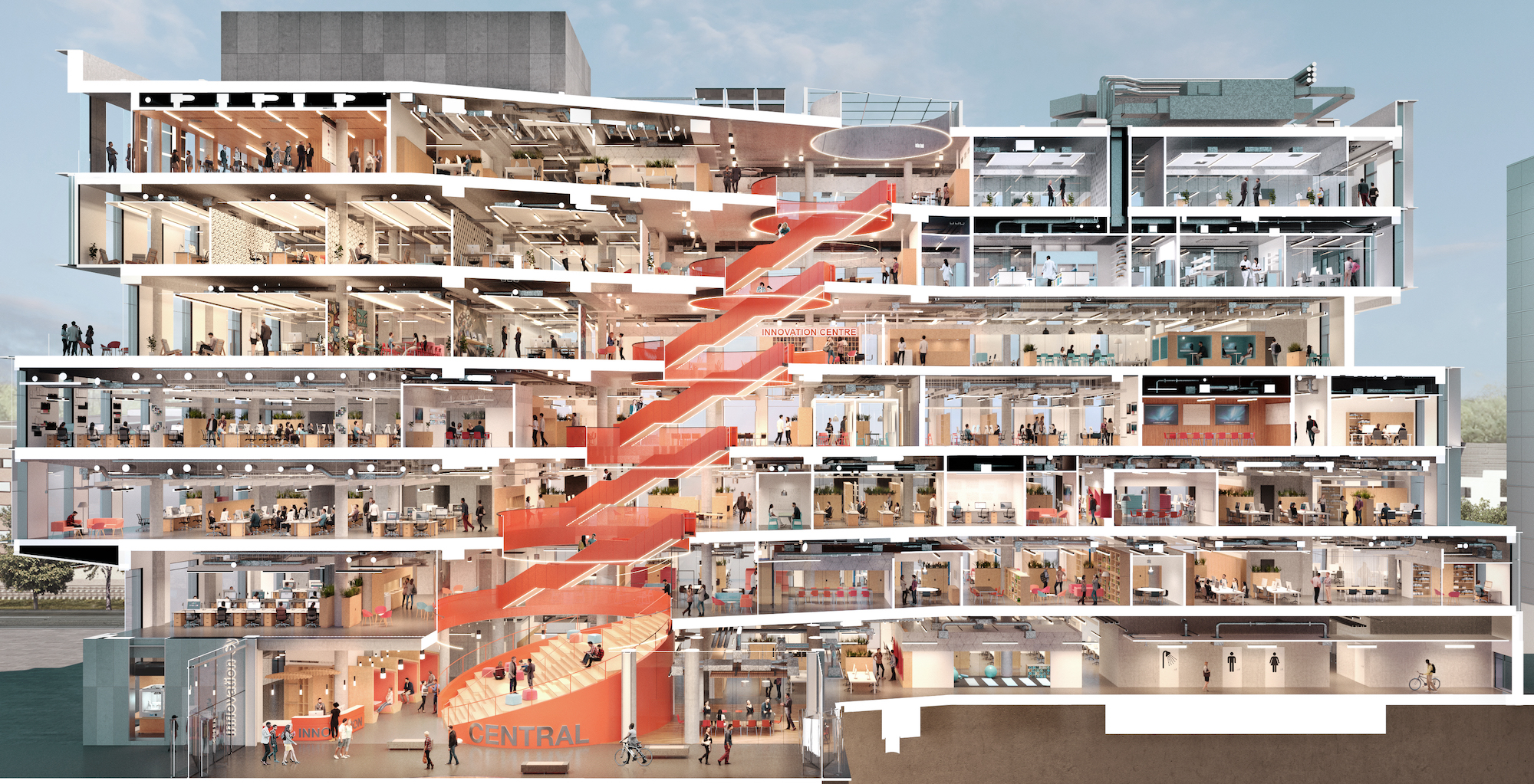 illustration shows a cross section of Cardiff’s new Innovation Centre, sbarc | spark which is due to be operational in 2021