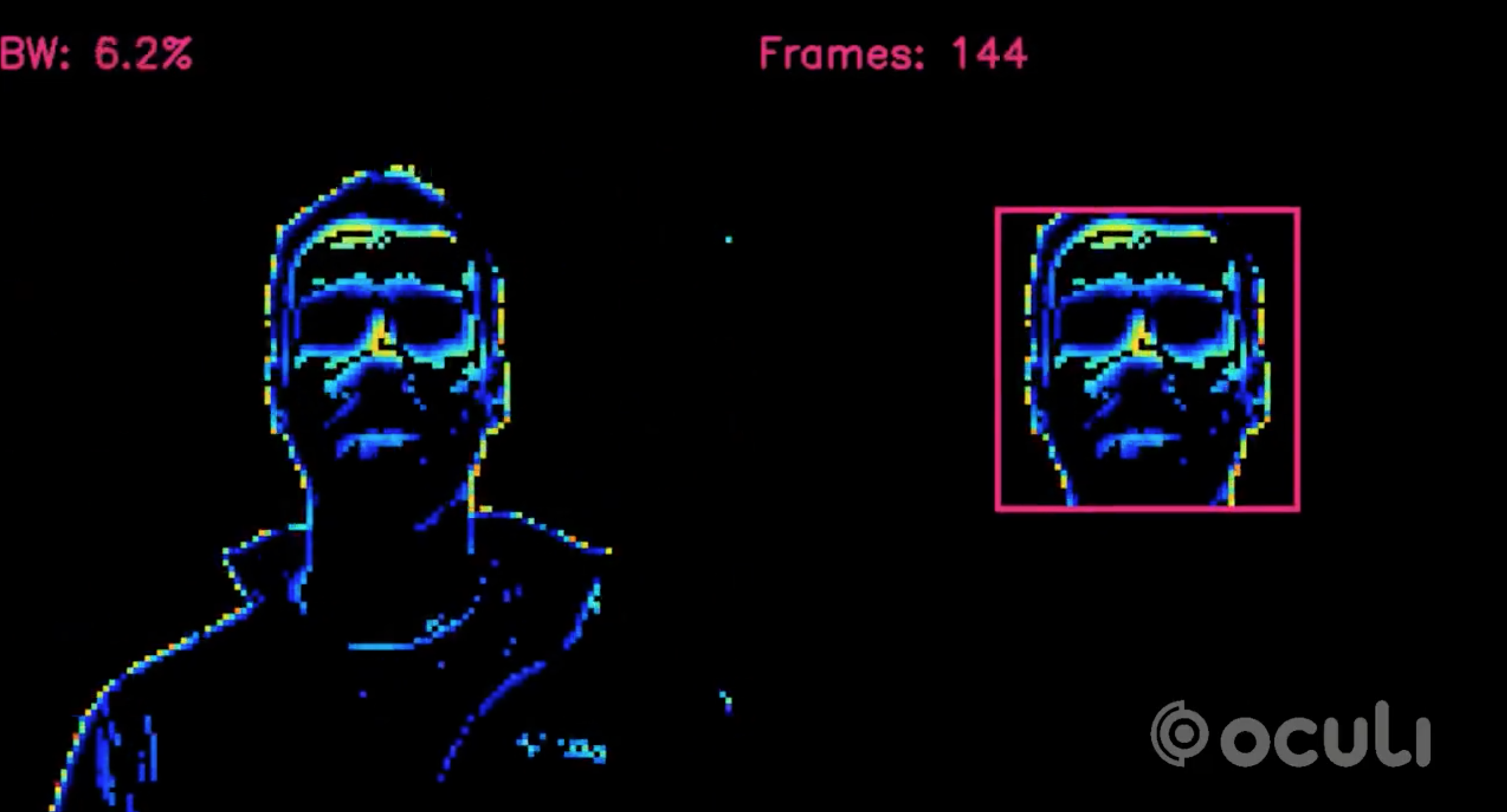 Oculi's SPU is able to identify important data within a scene – in this case, a human face – processing only that data and ignoring the rest