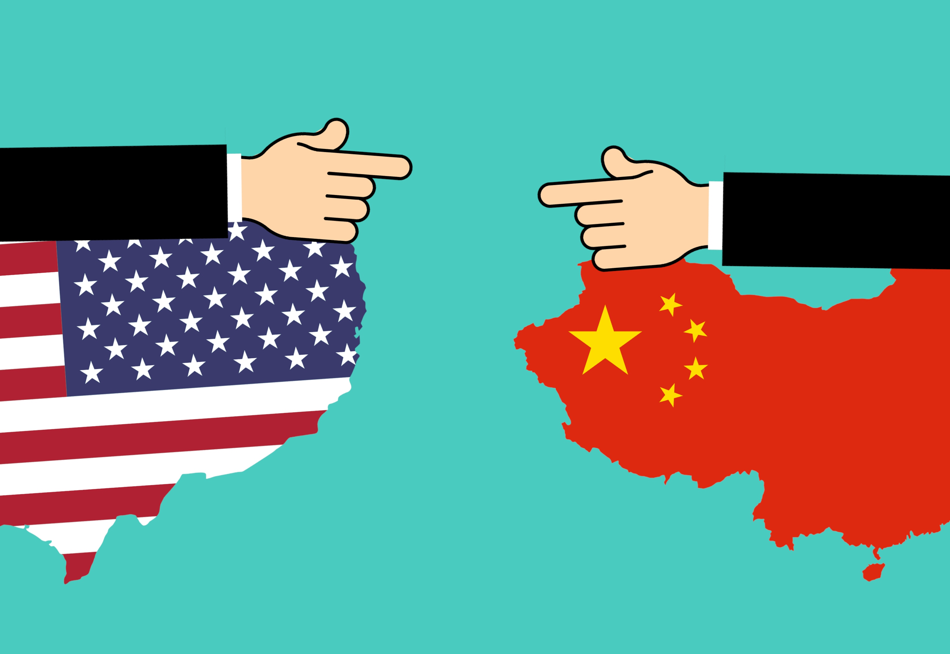 US and China flags and hands pointing