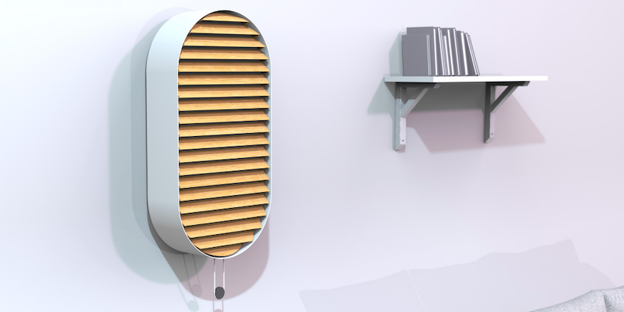 A CGI rendering of Caeli Energie's airconditioning unit attached to a wall next to a shelf