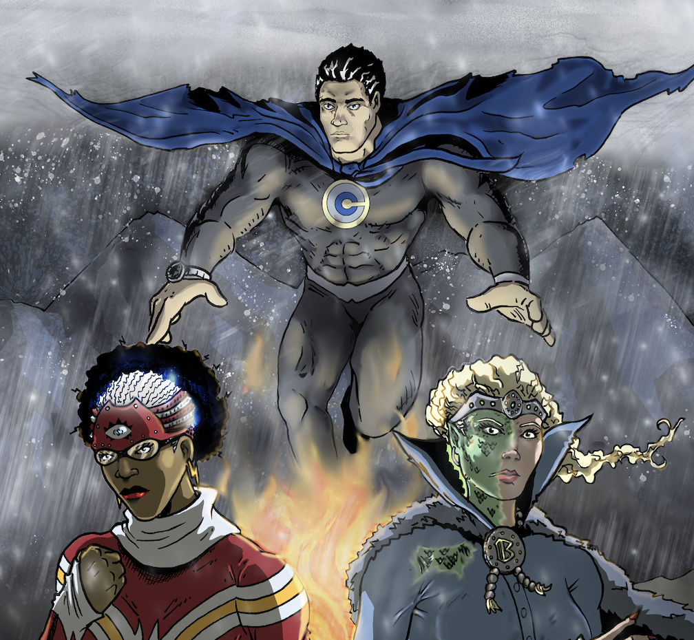 Illustration of three superhero Corporate Crusaders - man in a blue cape and two women