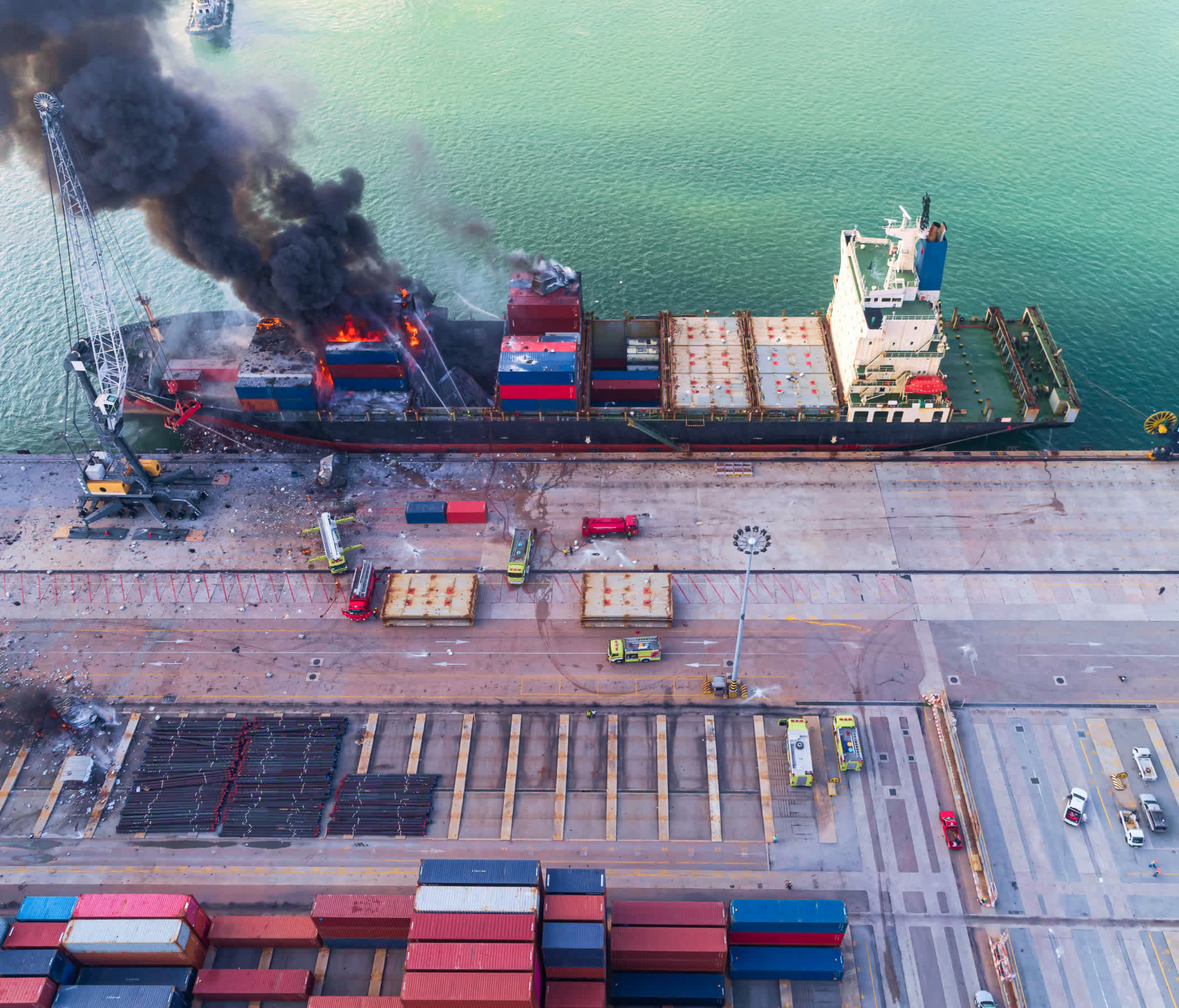Aerial view of a cargo ship on fire docked at a port with containers onshore