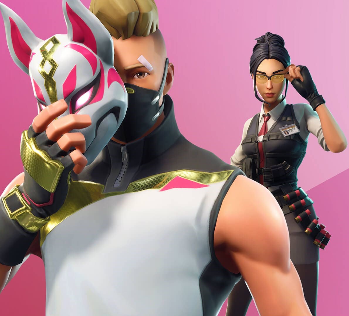 Fortnite characters in front of pink background