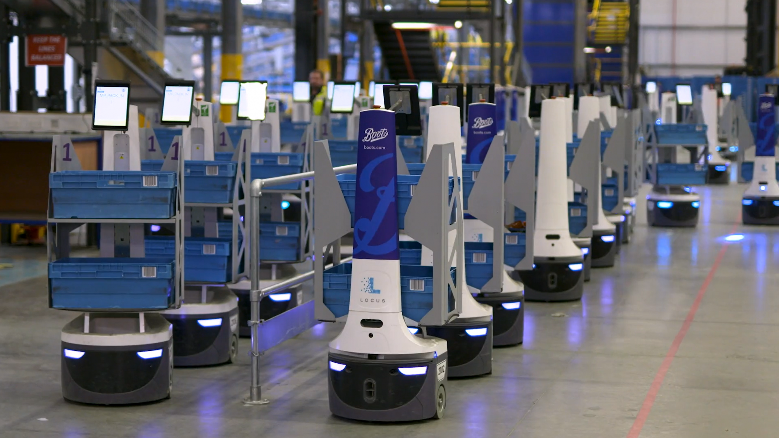 Locus Robotics carriers in Boots UK warehouse