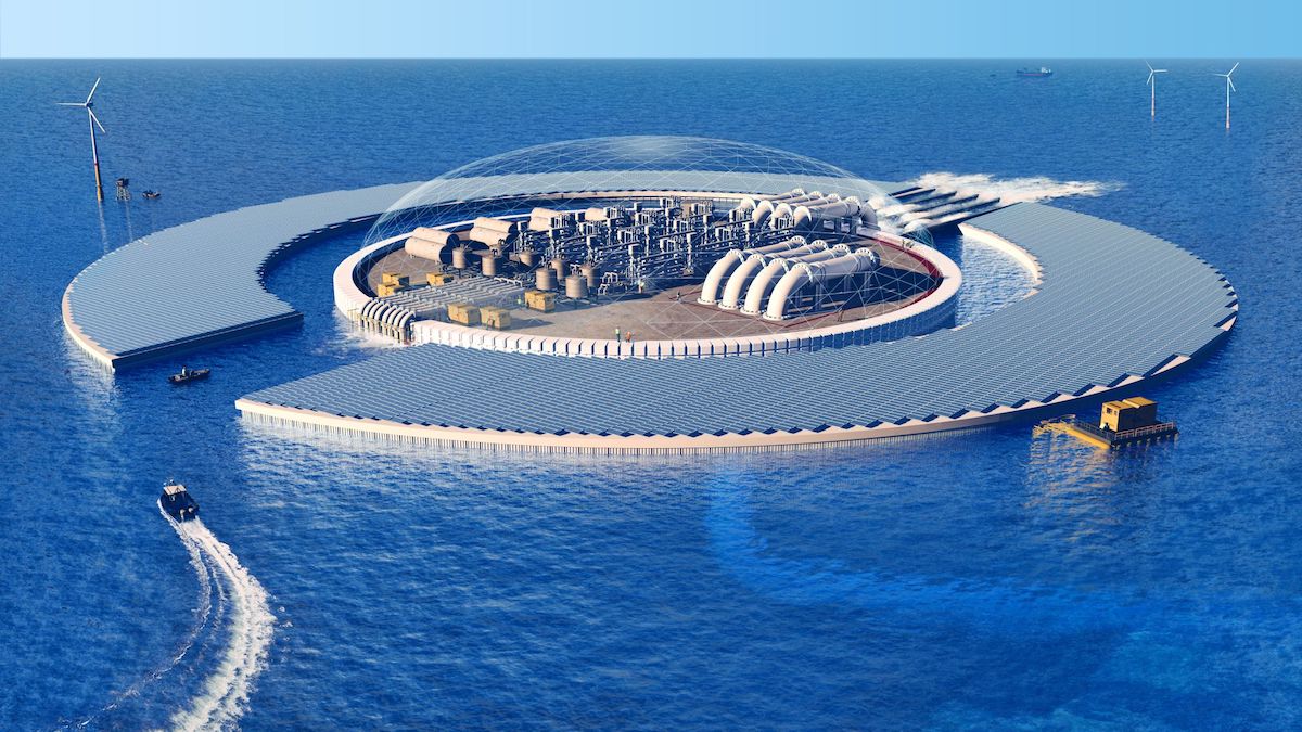 a CGI rendering of Captura's carbon capture platform floating in the ocean