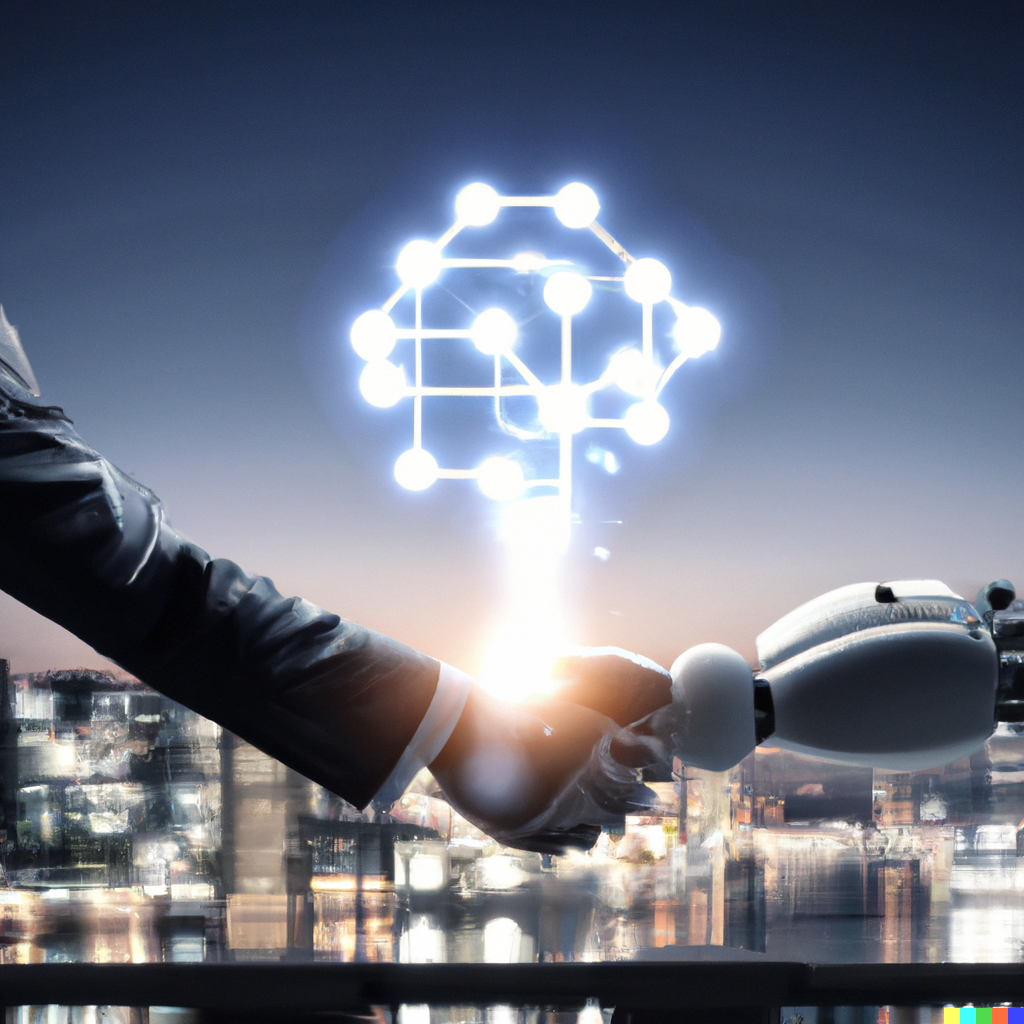 Human and robot shaking hands and a network of lights above.