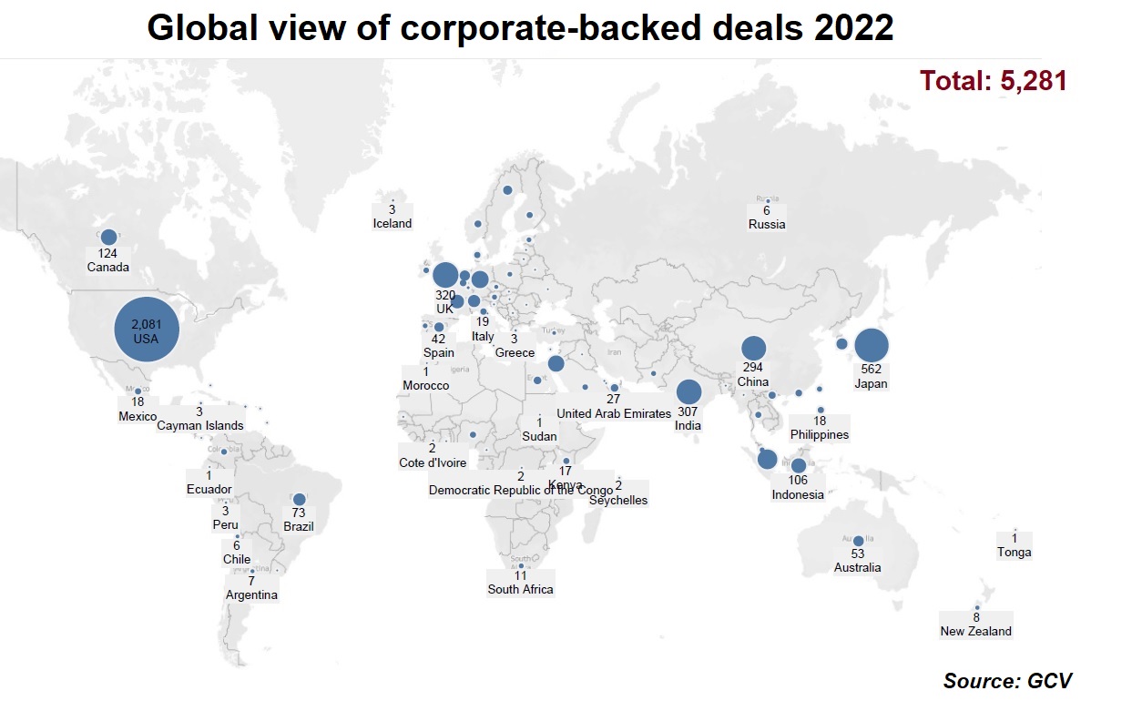 Chart showing the number of corporate-backed deals, according to GCV data, on a worldmap by country