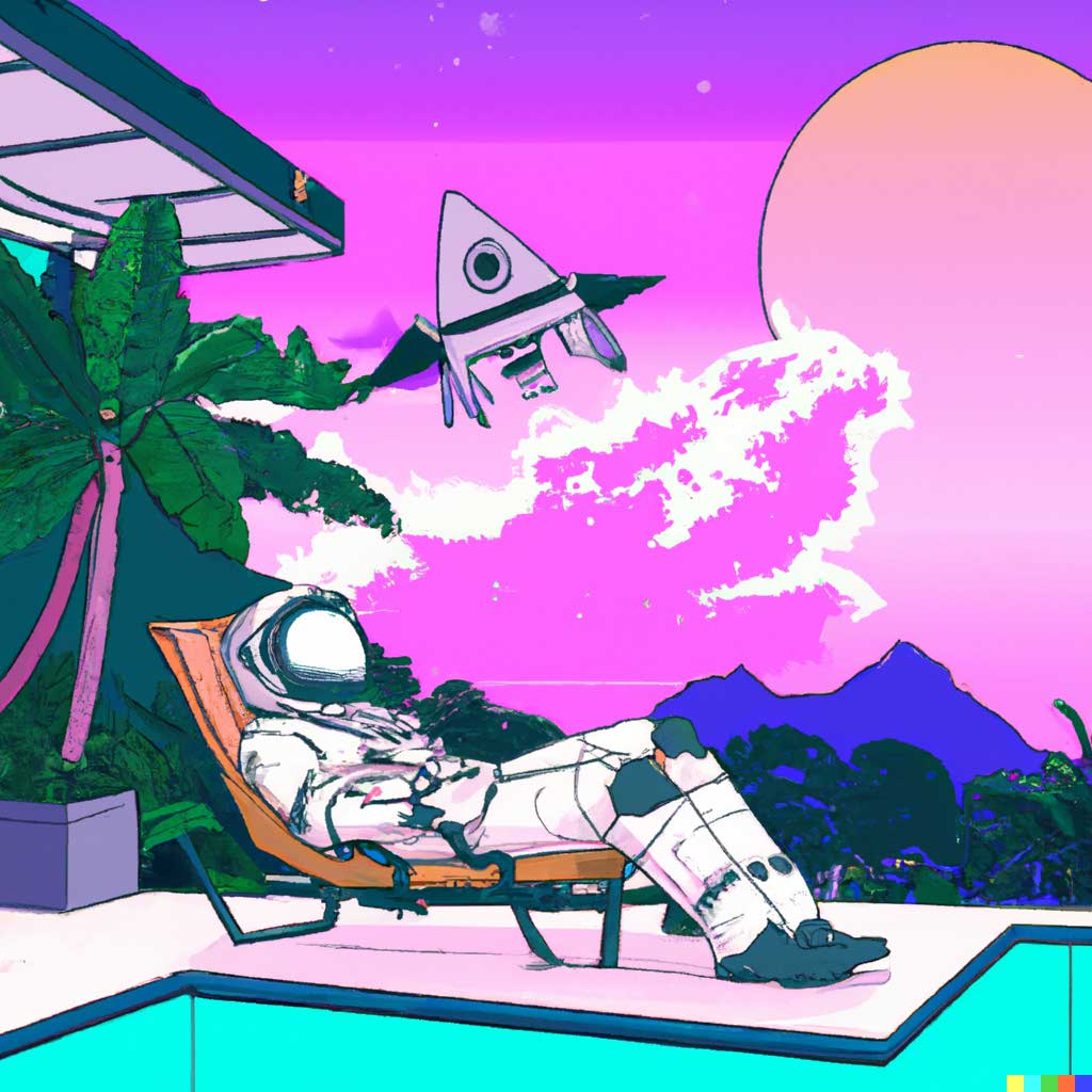 Astronaut lounging in a tropical resort in space, on vapourwave style