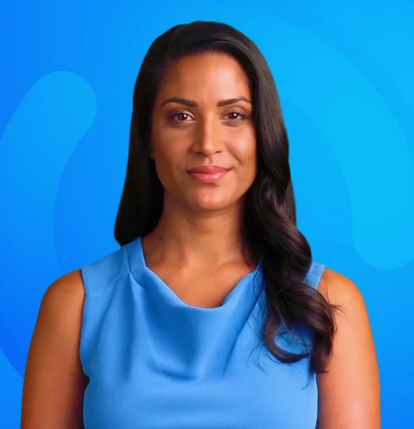 Digital avatar of woman in blue dress against blue background