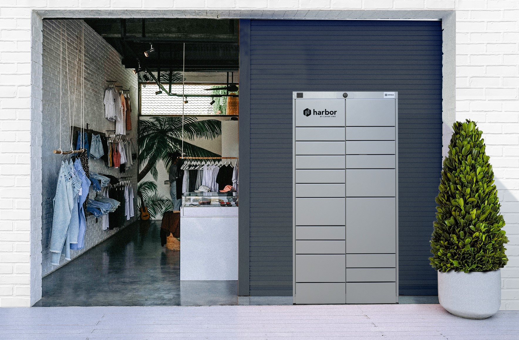 Harbor Locker positioned in front of an open clothing store