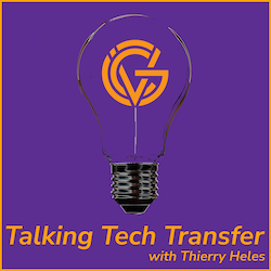 Cover art for the Talking Tech Transfer podcast, showing a lightbulb with the GUV logo as the filament in the centre of the image and the text “Talking Tech Transfer with Thierry Heles" at the bottom of the image