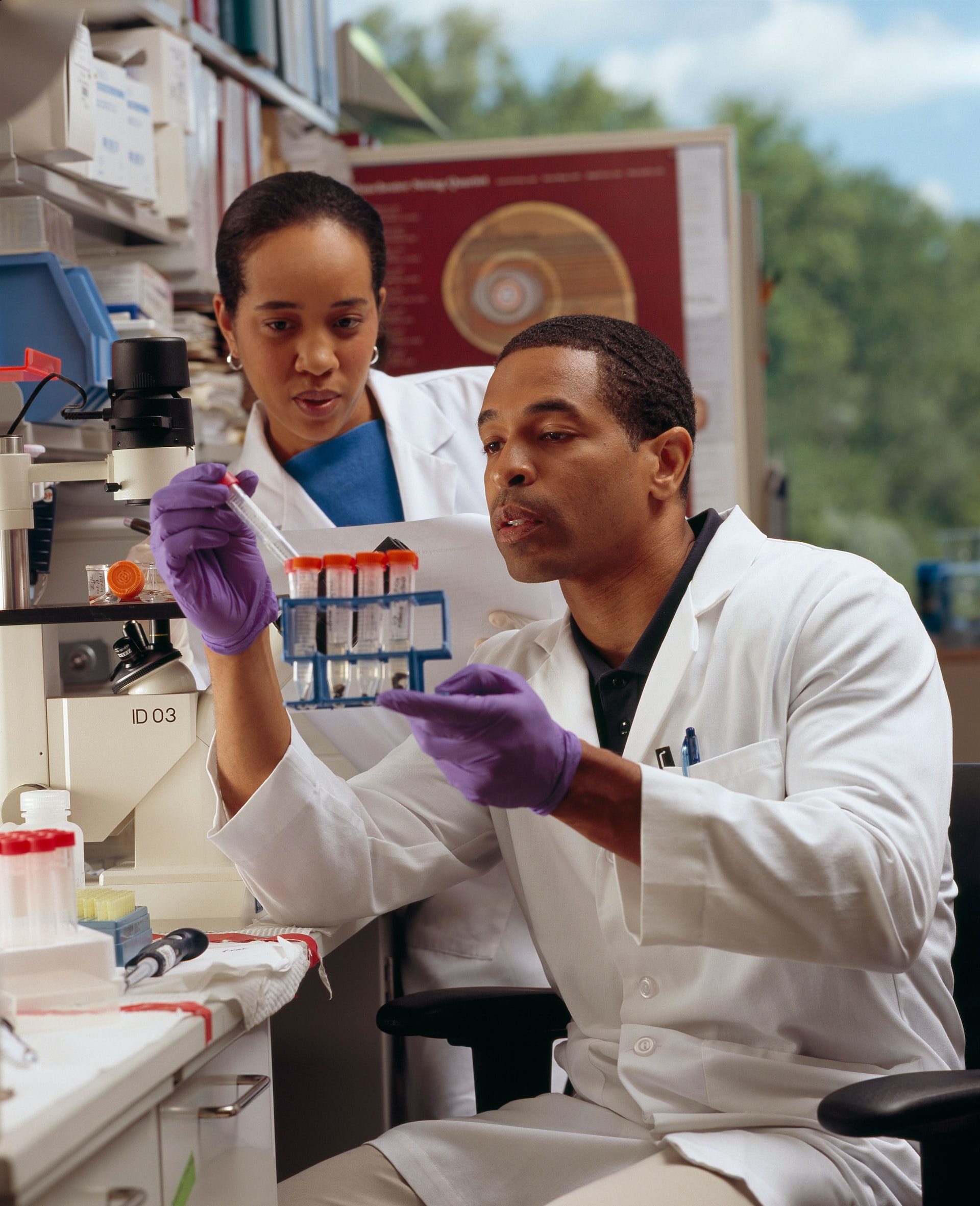 A male scientist checks test tubes as a female scientist looks on