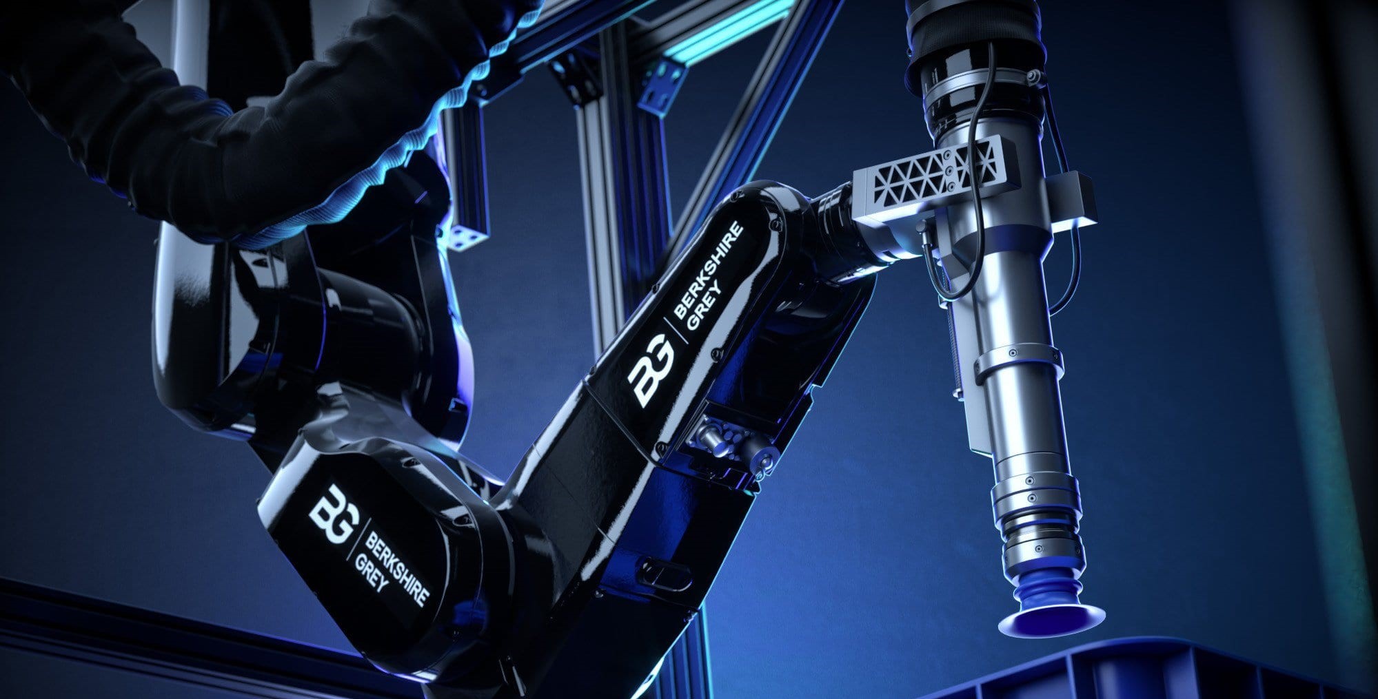 Berkshire Grey robotic arm with blue background