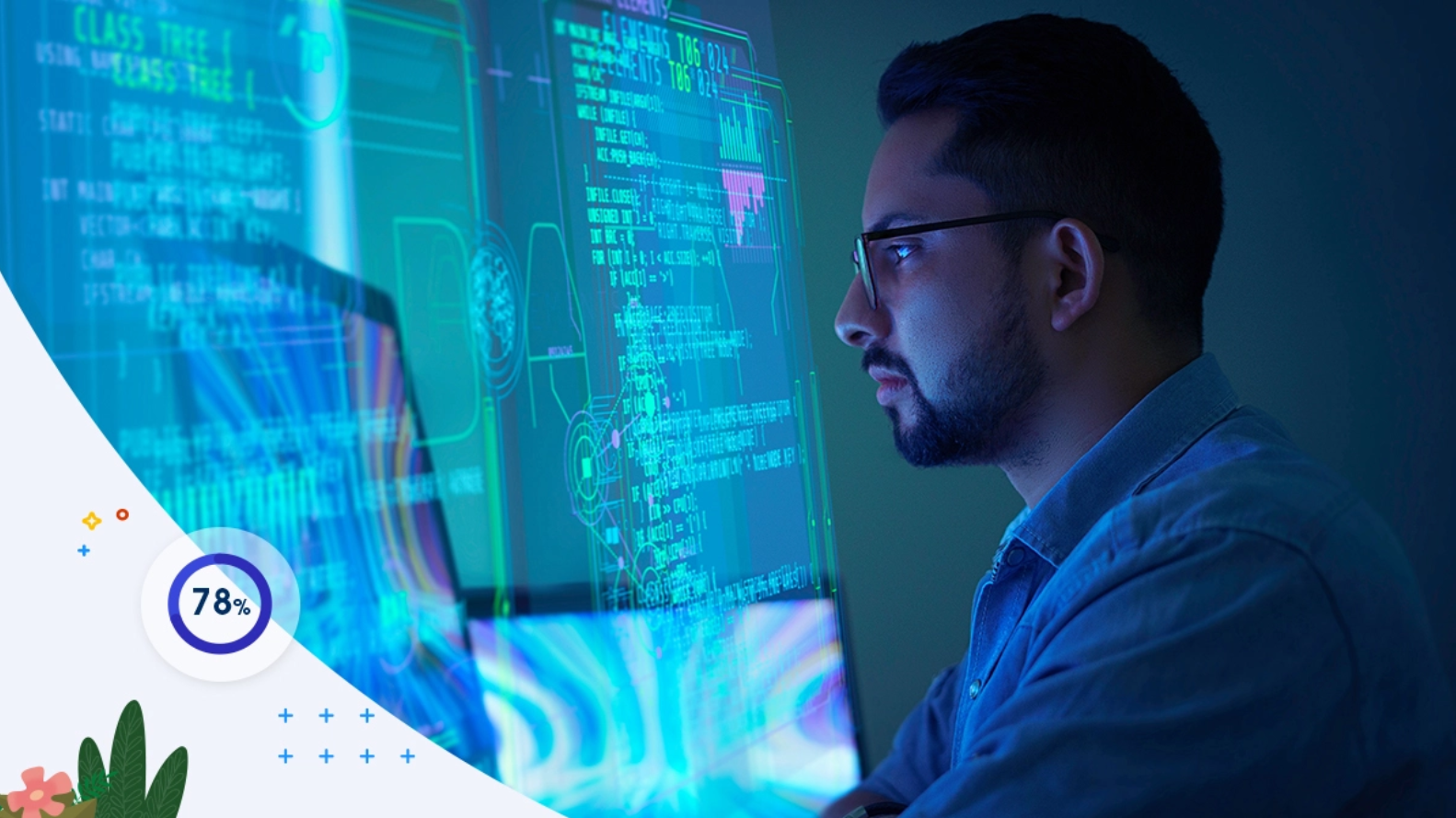 Man looking at code on a big screen in blue light