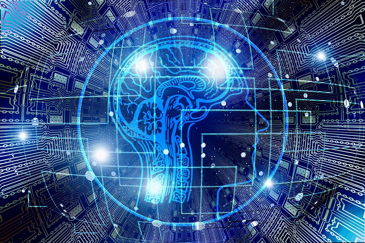 Digital blue line diagram of a human head and brain inside a microchip