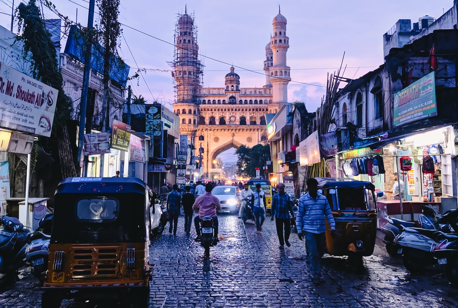 Hyderabad street scene at twilight