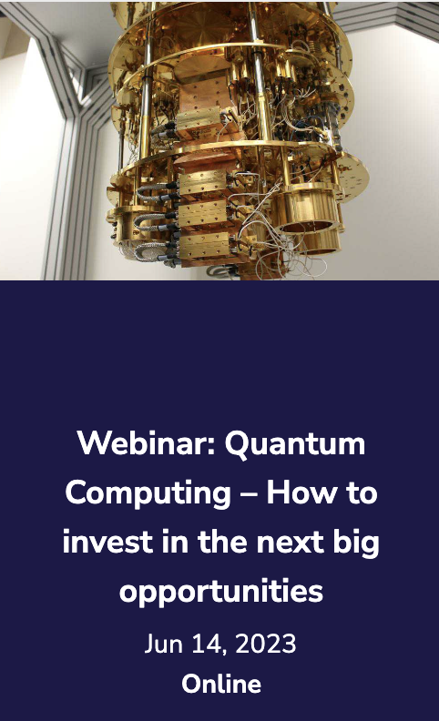 An advert showing a close-up of a quantum computer. The ad promotes  the Global Venturing webinar “quantum computing: how to invest in the next big opportunities“ on June 14.
