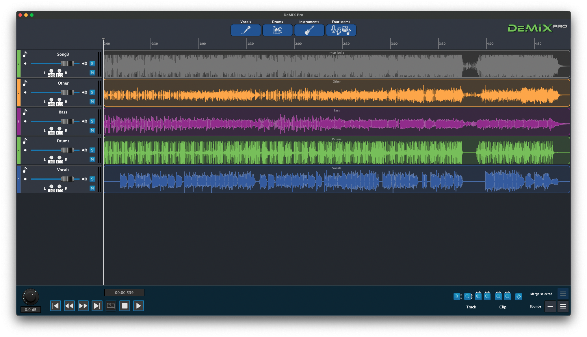 A screenshot of DeMixPro, showing a song broken down into its components: vocals, drums, bass and other instruments
