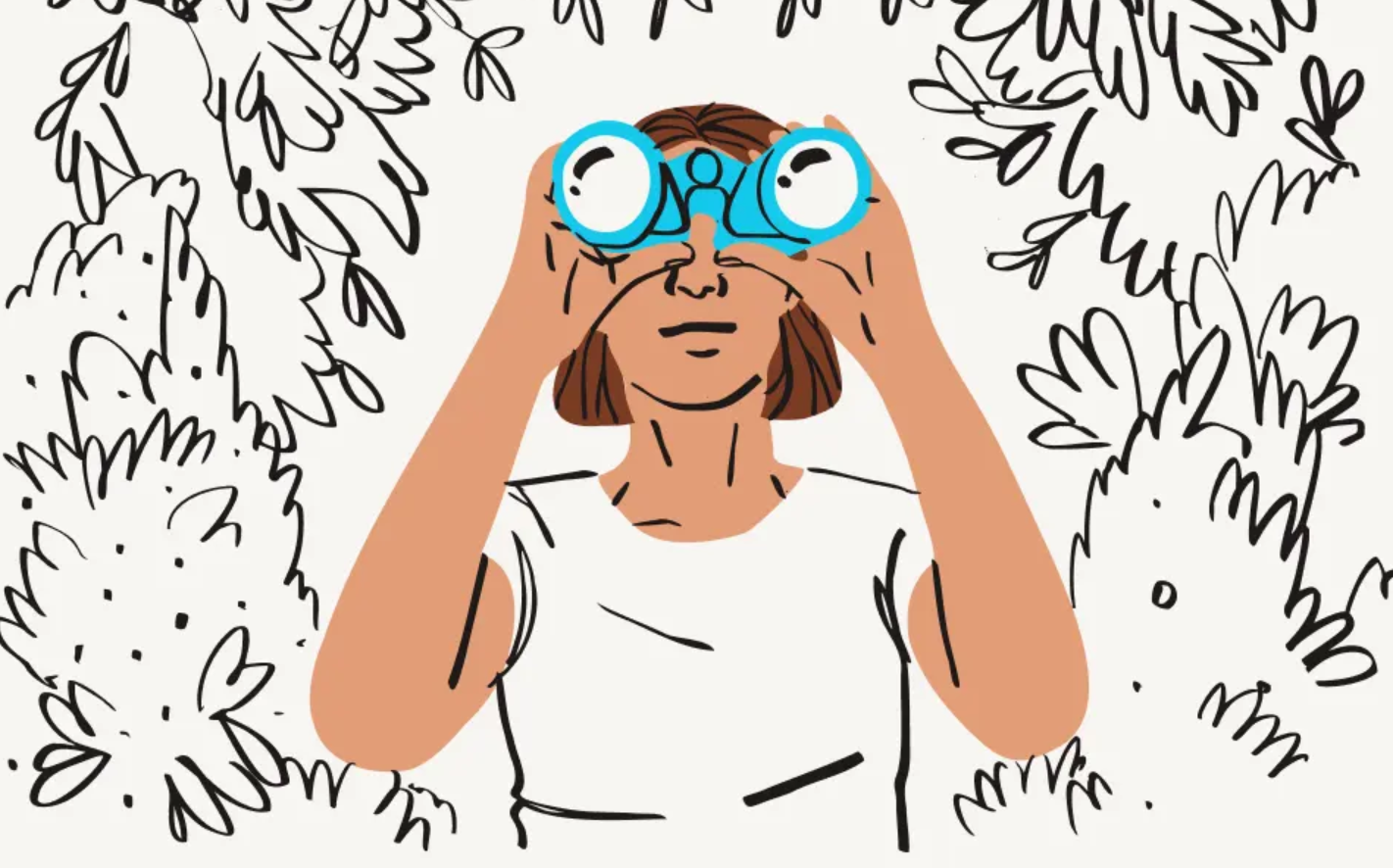 Hand drawn picture of a woman looking through cyan binoculars in front of a white and black foilage background pattern
