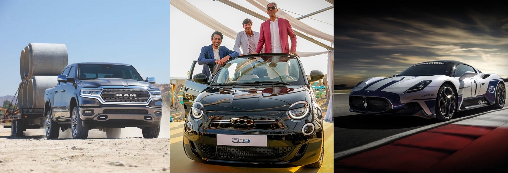 Triptych of Ram truck pulling a trailer, three man standing in a black Fiat and a Maserati supercar