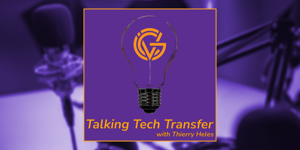 a banner with the Talking Tech Transfer cover over a blurry microphone
