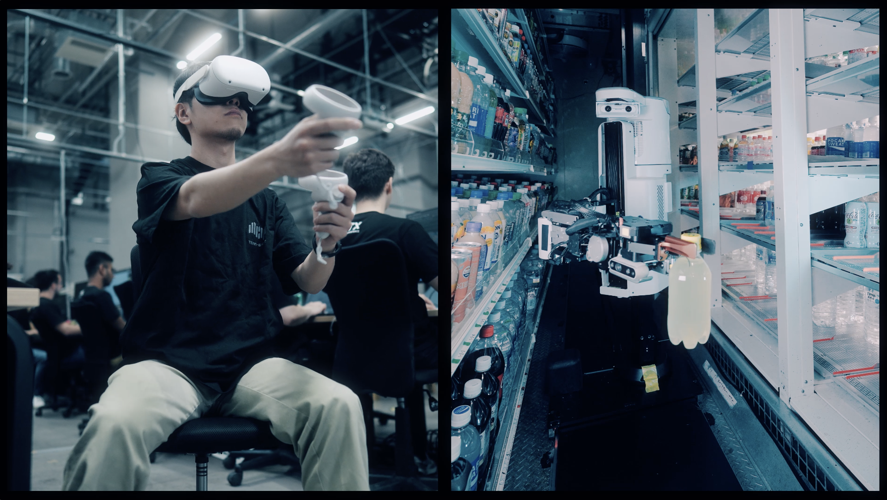 Man wears virtual reality helmet to control robotic Telexistence picker