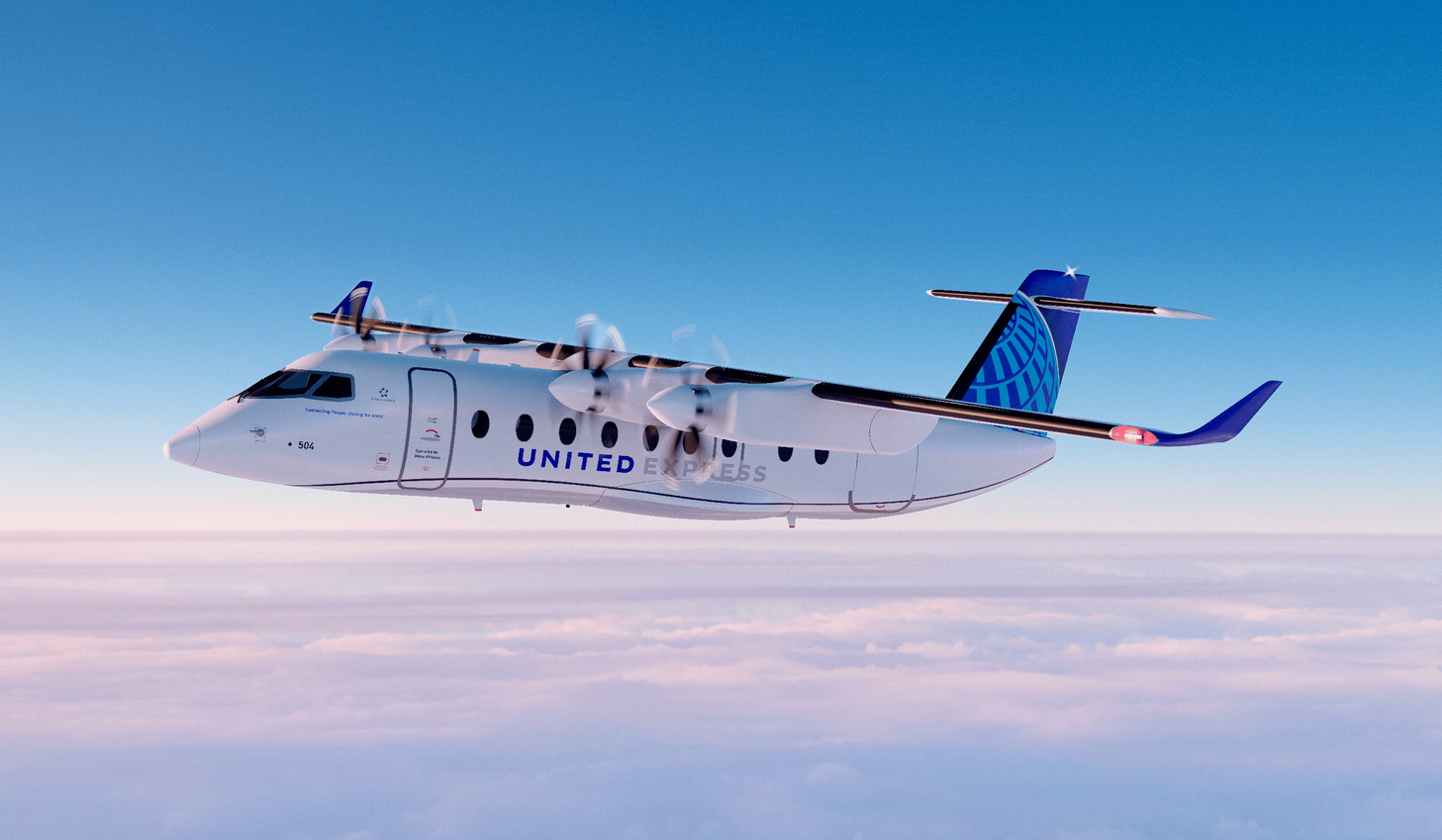 United Airlines commuter jet in flight above the clouds