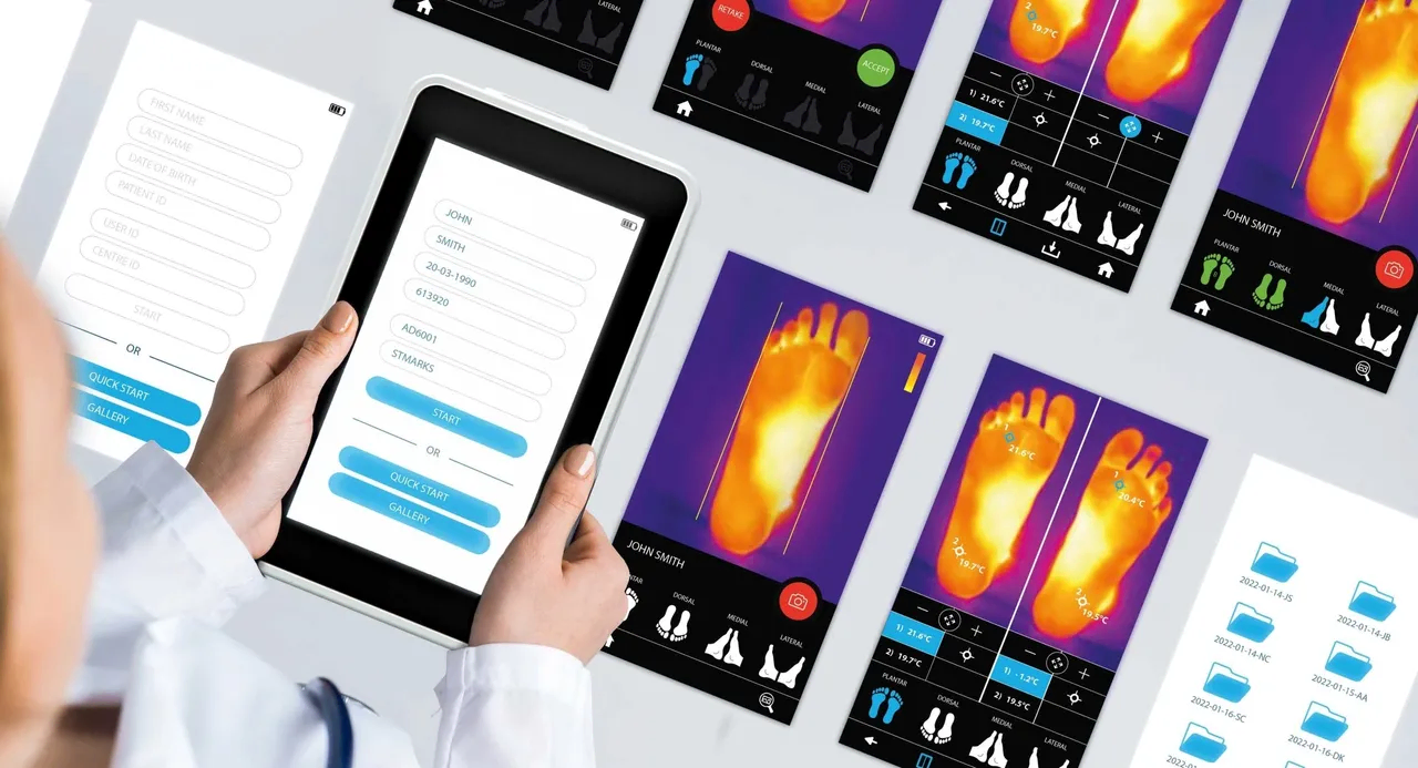 a person holding a tablet over a screen with a series of screenshots of Thermology's platform showing heat maps of feet