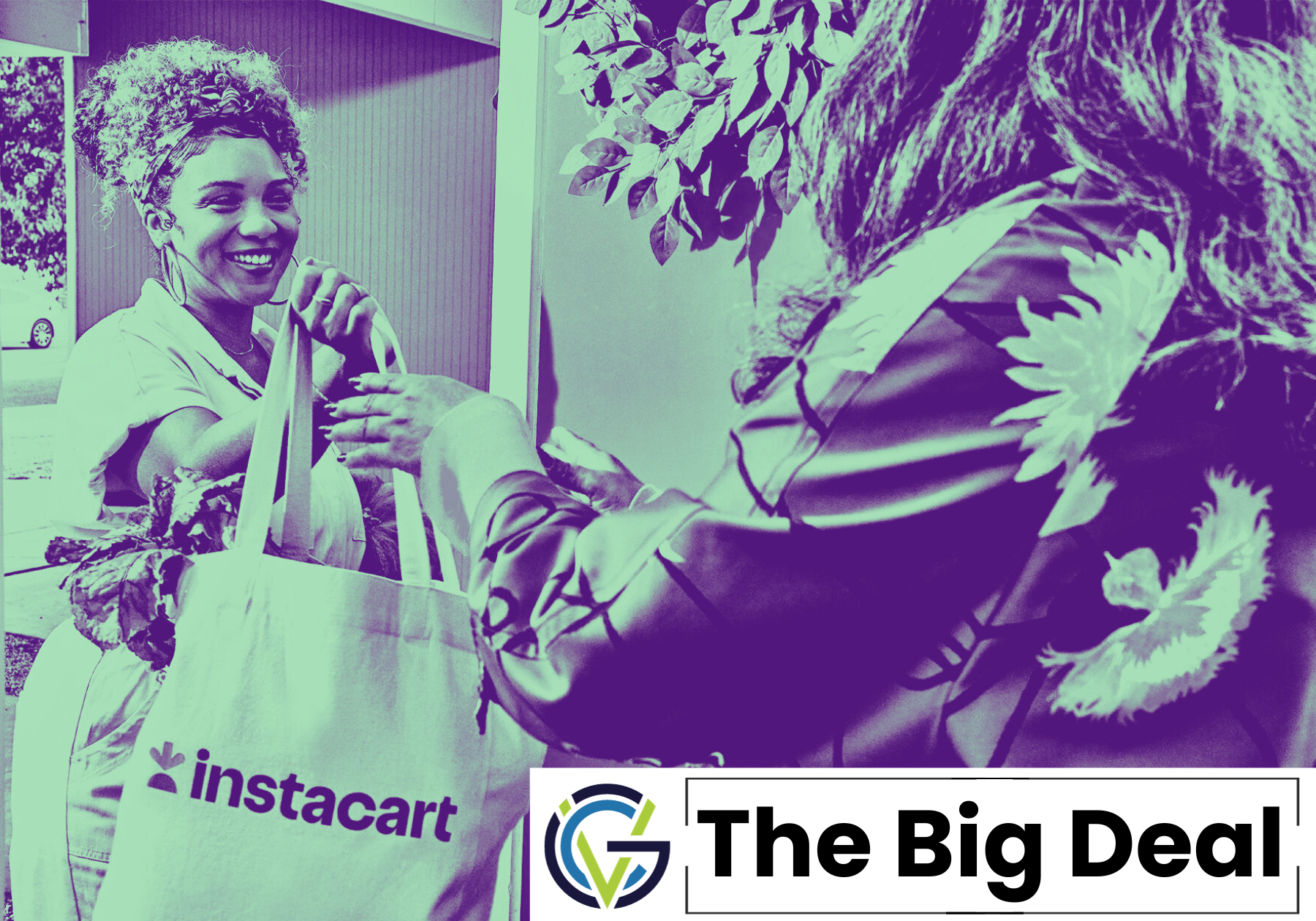 Woman gives Instacart shopping bag in green and purple filter