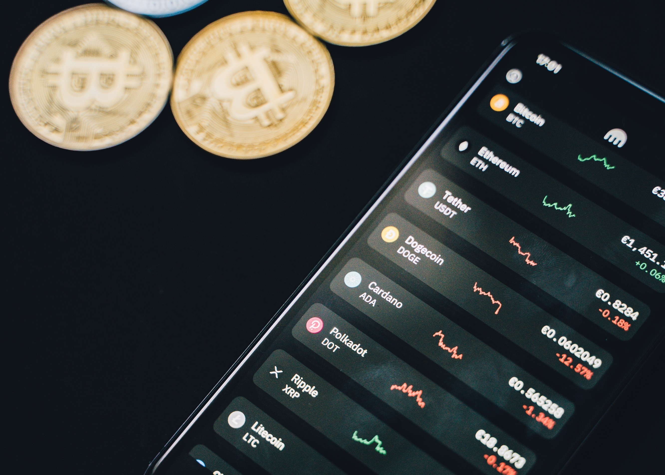 Coins scattered near smartphone with financial charts on screen