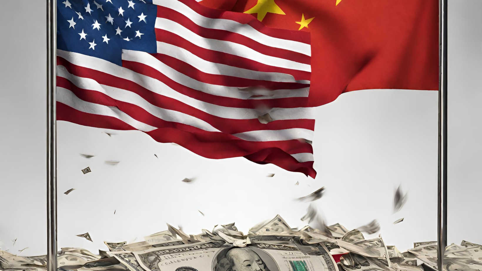 US and China flags with dollar bills