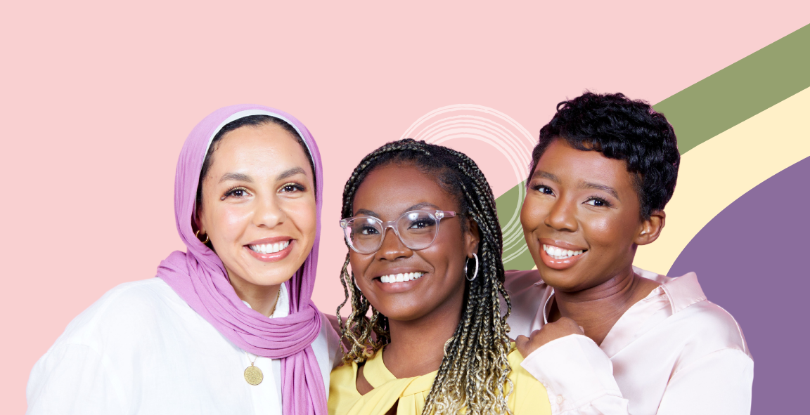 Three BIPOC women pose together in front of a pink, green, yellow and violet background.