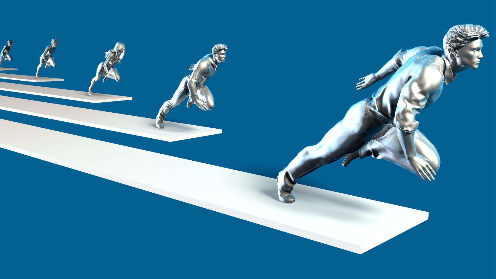 Figures of racing runners on a blue background