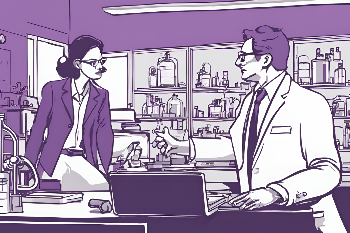 a line drawing of a researcher and a businesswoman talking to each other in a university lab