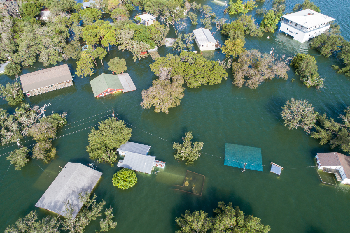 Houses and trees underwater from flooding