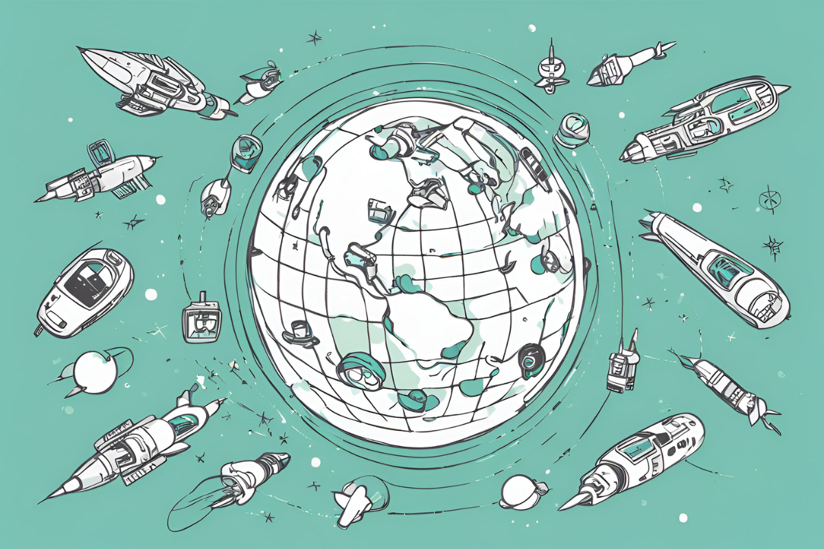 Line drawing of the earth and satellites. Spacetech