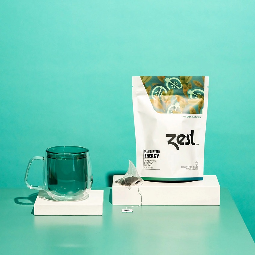 Zest tea packet and cup