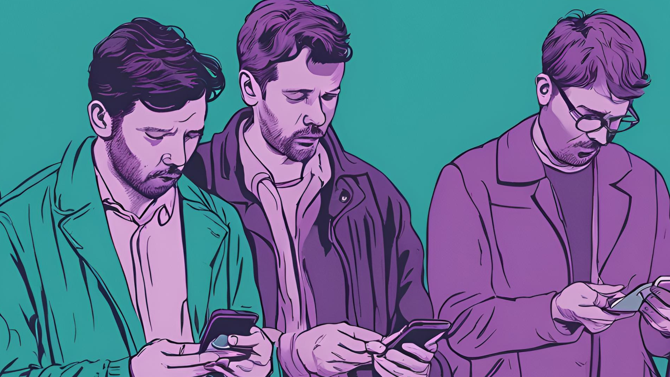 a drawing of three men looking at their phones