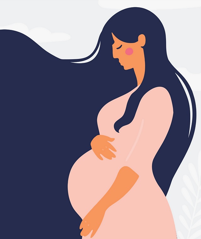 Four-colour drawing of a pregnant woman holding her stomach robed by her navy-coloured hair