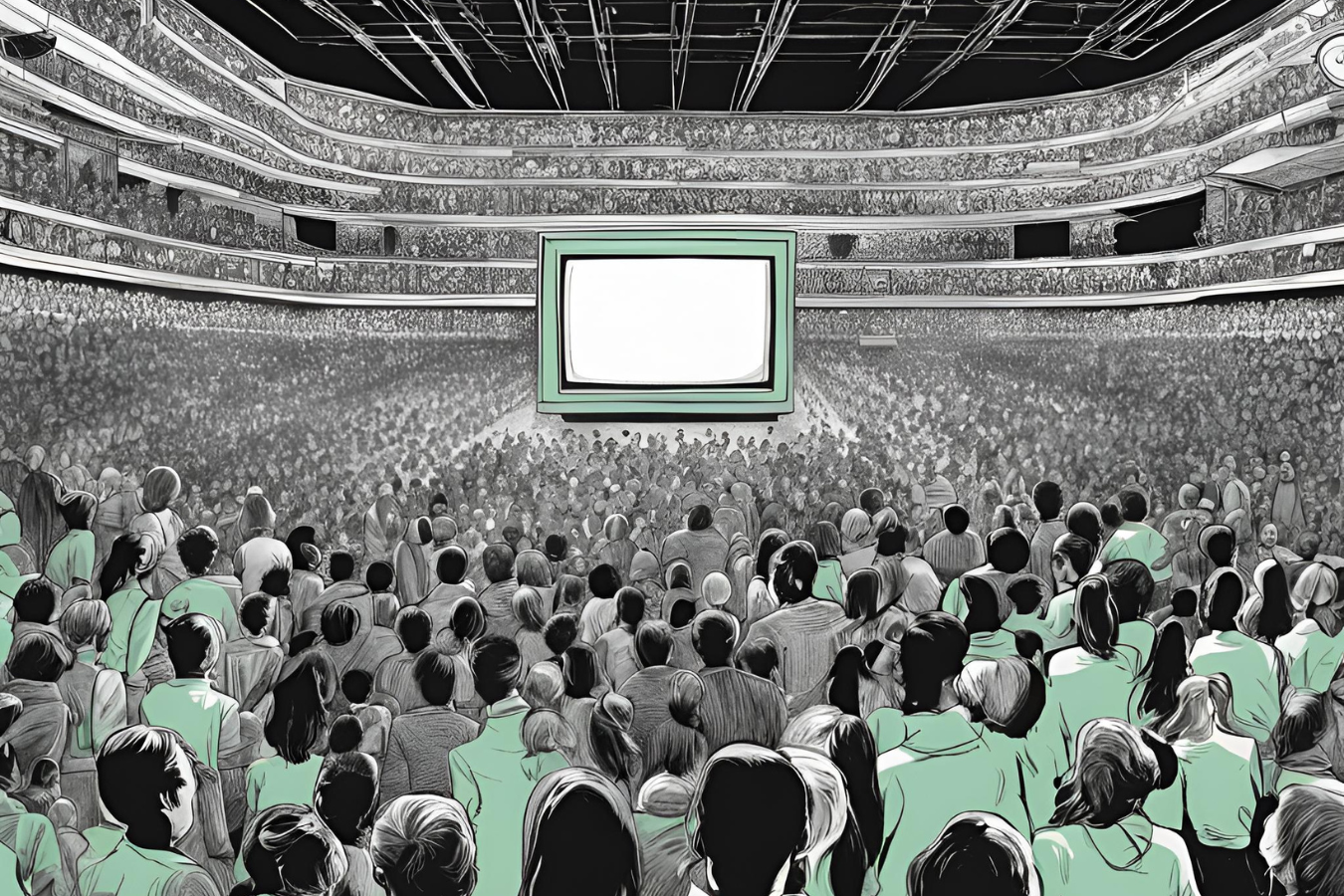 Thousands of people watch a blank TV in a stadium