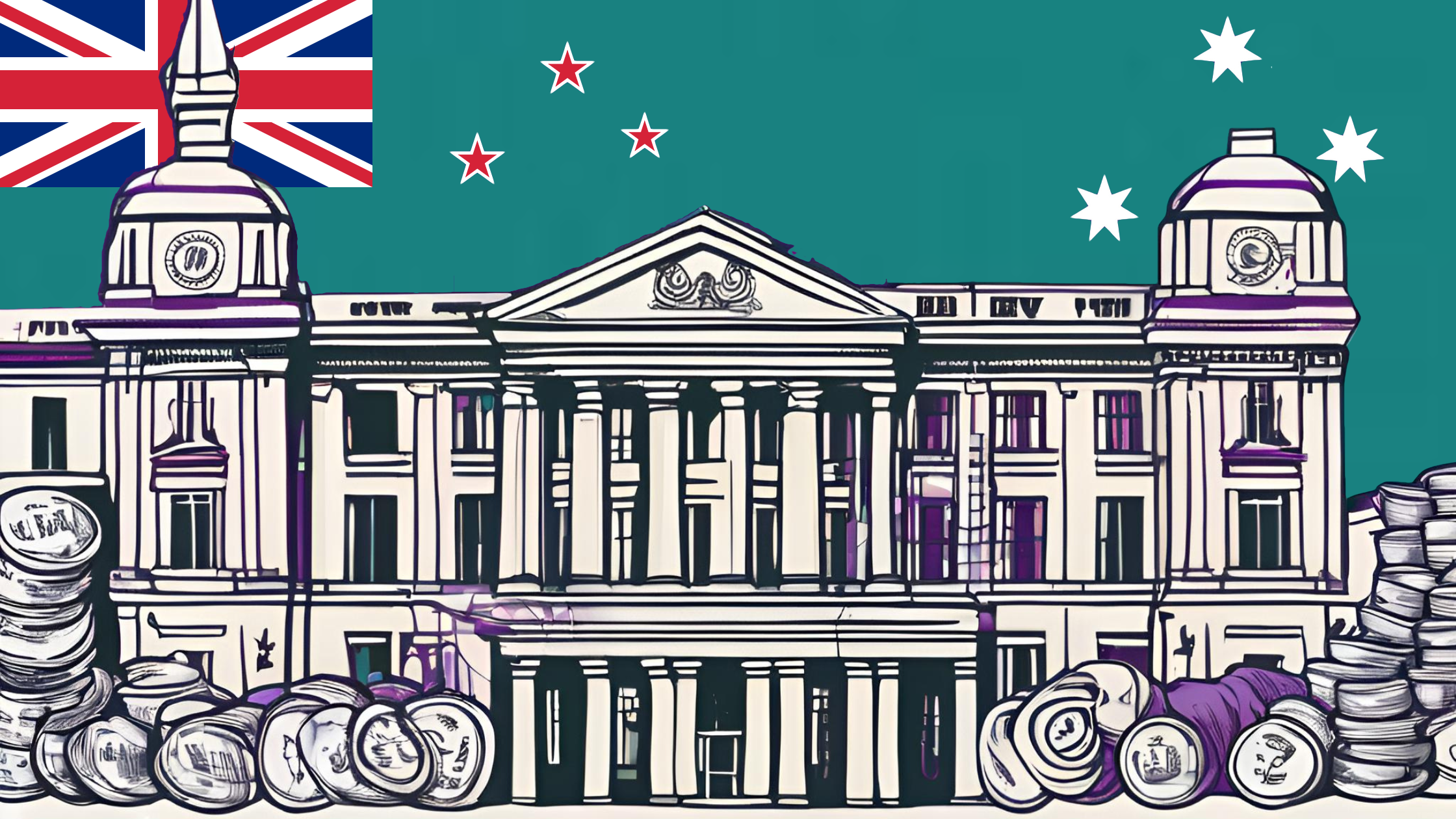 an AI generated image of a university with a mixture of the Australian and New Zealand flags in the background