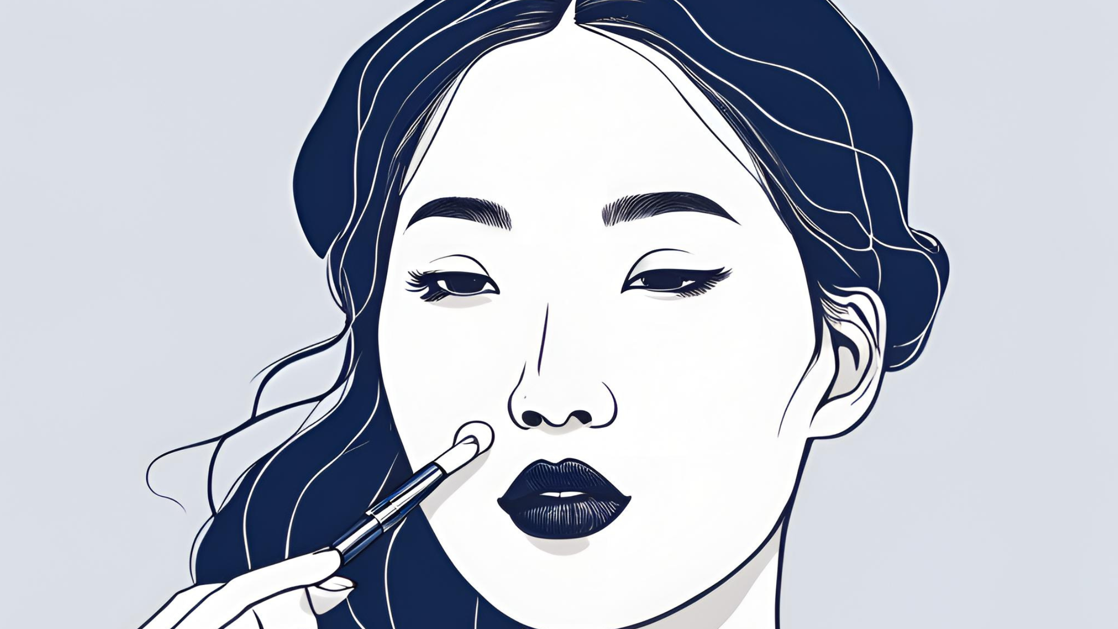 Line drawing of a Korean woman putting on makeup