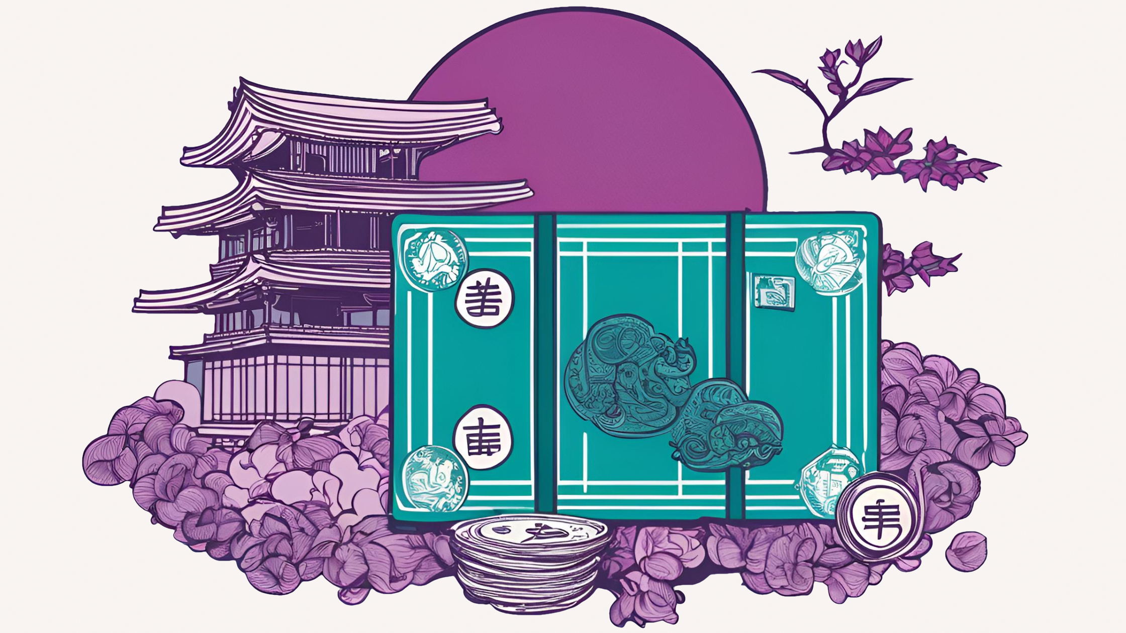 AI generated drawing of a traditional Japanese house surrounded bsy flowers and fake money