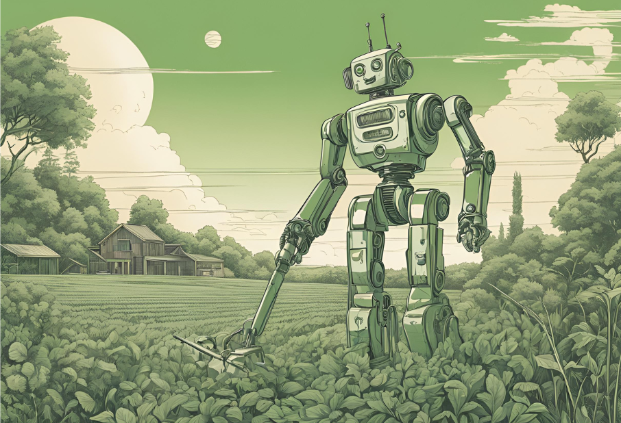 A happy looking robot tills a vegetable patch