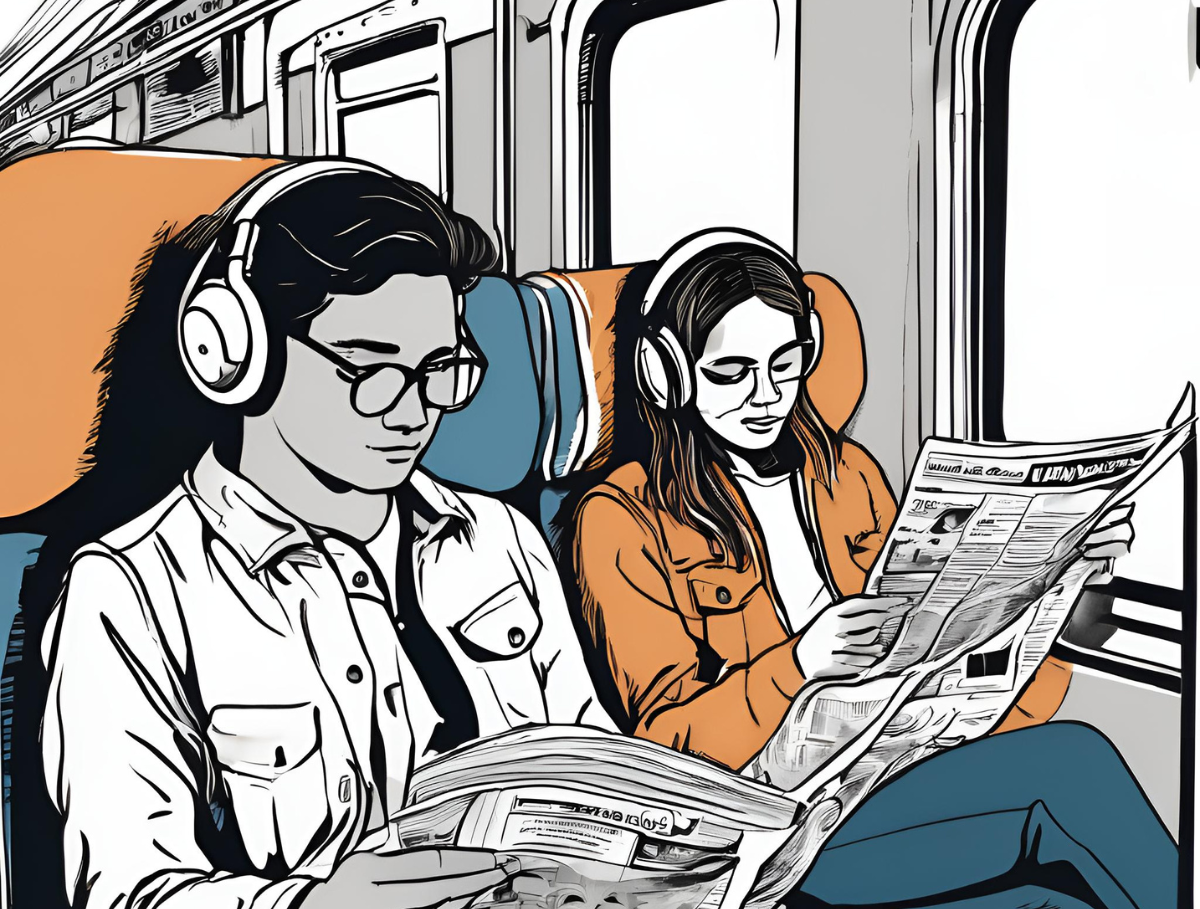 Two young people wearing headphones reading newspapers. Media for equity.