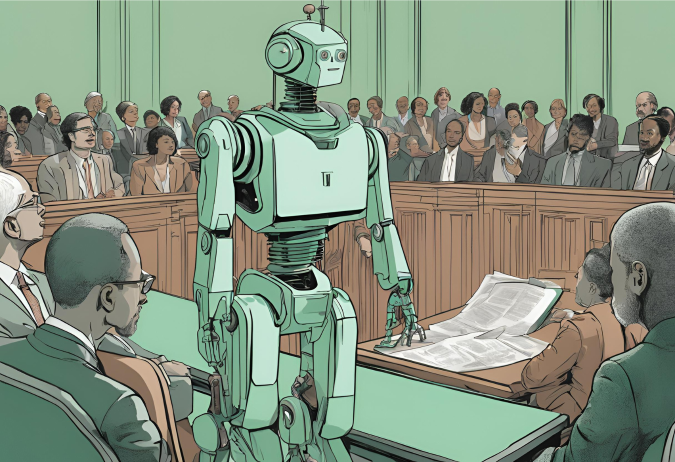 A robot reads papers in a courtroom