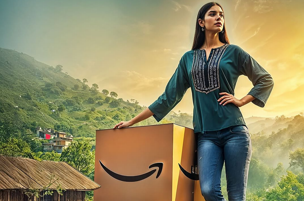 An AI-generated image of a giant woman standing next to an Amazon box with a rural backdrop