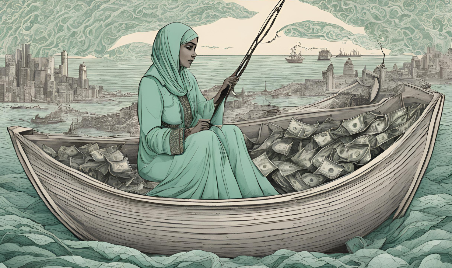 A woman in a boat fishing in a sea of money