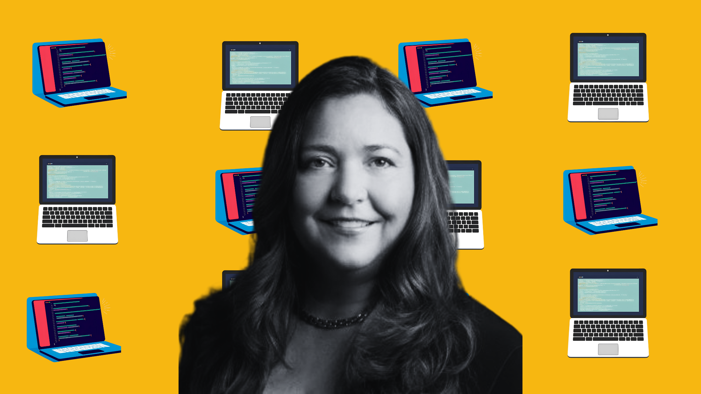 A monochrome headshot of Anna Patterson of Ceramic.ai on a gold-coloured background with laptop wallpaper