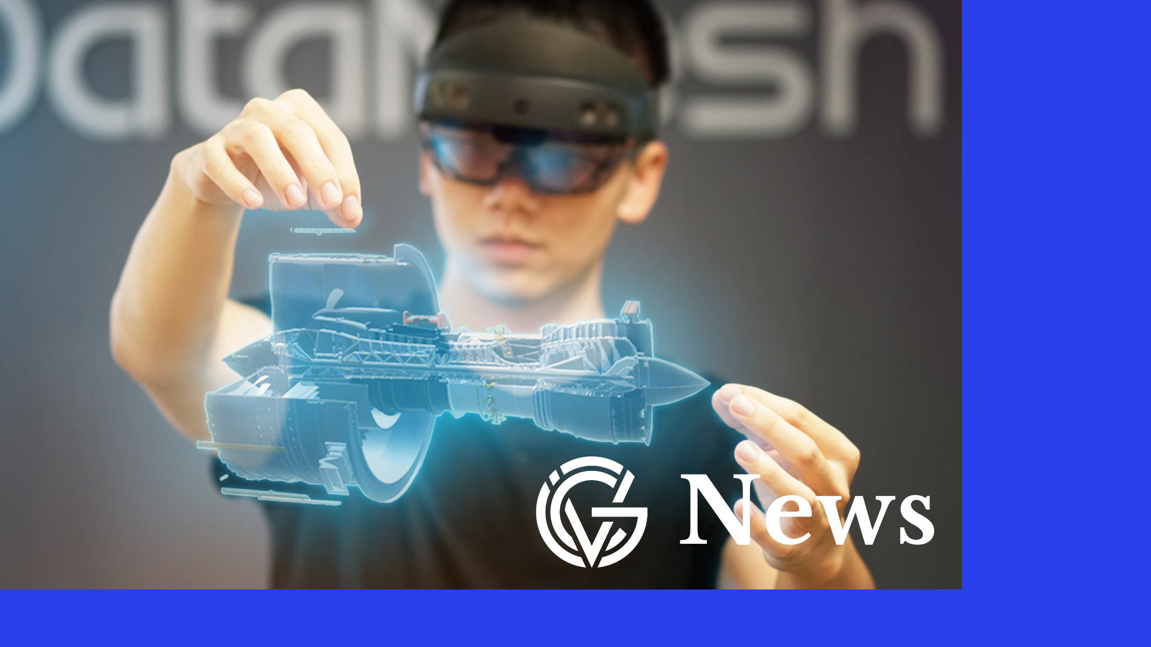 A man in cap and sunglasses manipulates a hologram of a spaceship, in GCV News template